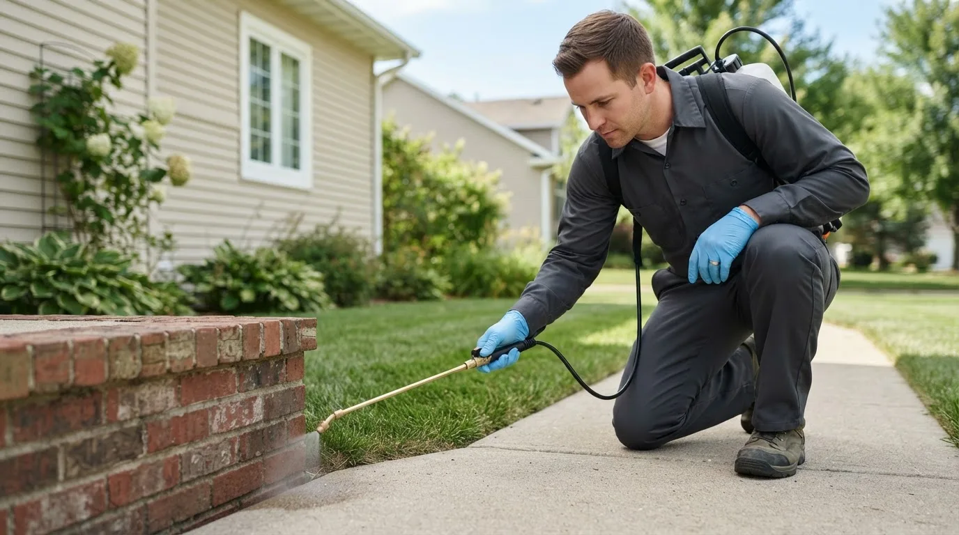Pest control technician treating a home near Parsons, KS